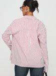 back view of model wearing Princess Polly Belize Shirt Red / White Stripe Full Sleeves V-Neck 