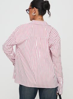 back view of model wearing Princess Polly Belize Shirt Red / White Stripe Full Sleeves V-Neck 