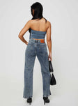 Front view of model wearing  front Princess Polly High Waisted  Brunell Asymmetrical Waistband Jeans Mid Wash