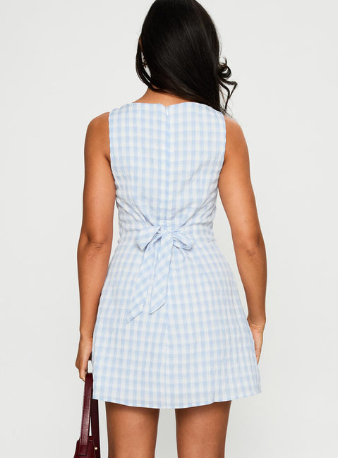 back view of model wearing Princess Polly Alfalfa Mini Dress Blue Check Crew Neck 