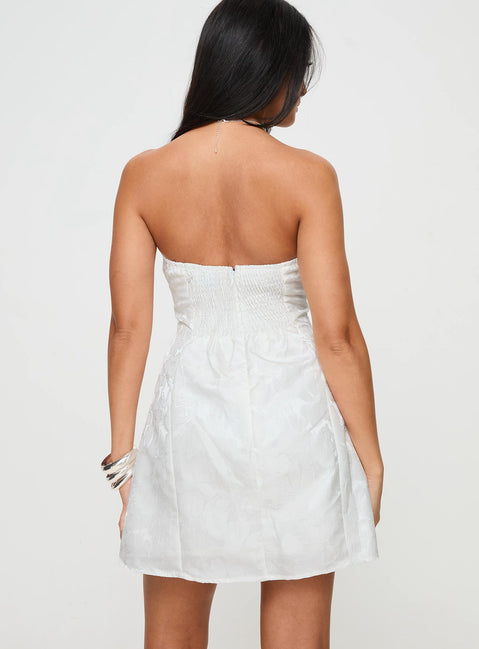 back view of model wearing Princess Polly Picard Strapless Mini Dress White Straight Neck 