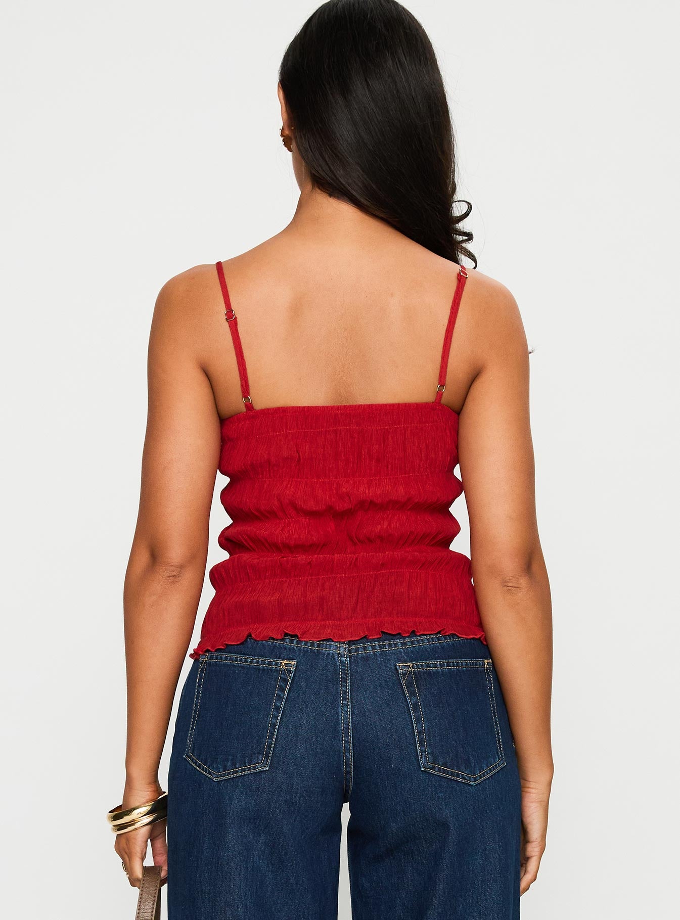 back view of model wearing Princess Polly Money Maker Ruched Cami Top Red Sleeveless Sweetheart 