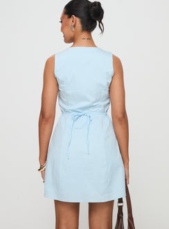 back view of model wearing Princess Polly Talisse Dress Blue Petite Square Neck 