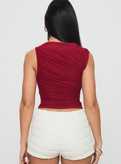 back view of model wearing Princess Polly Hasso Top Burgundy Sleeveless Crew Neck 