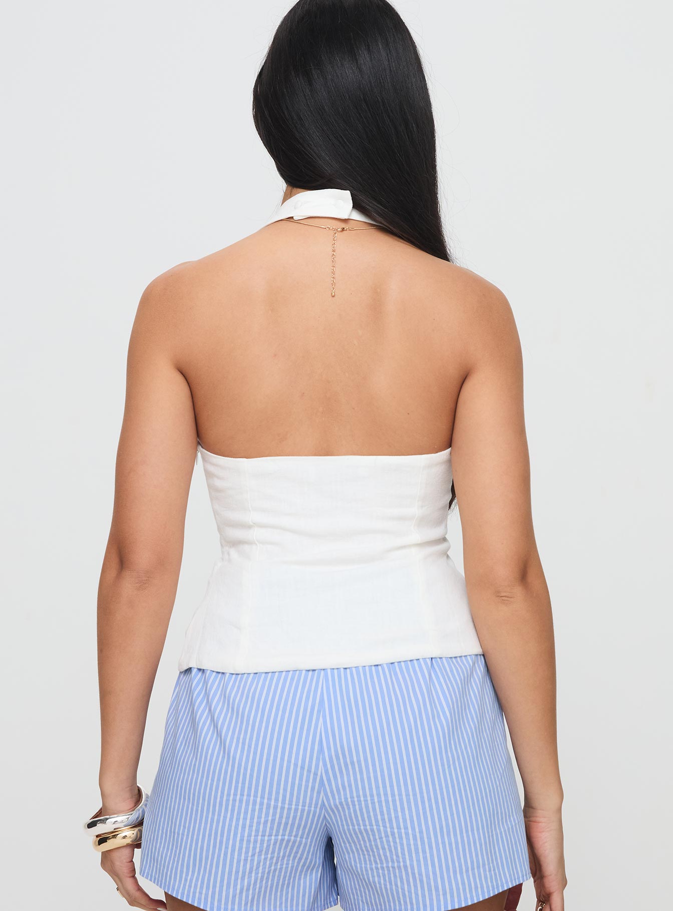 back view of model wearing Princess Polly Clouded Linen Blend Vest Top White Sleeveless Plunger 