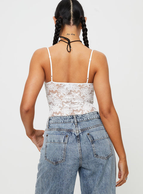 back view of model wearing Princess Polly Pennard Lace Bodysuit White Sleeveless 