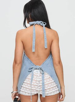 back view of model wearing Princess Polly Hills Halter Washed Blue Sleeveless V-Neck 