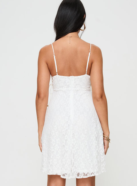 back view of model wearing Princess Polly At Last Lace Mini Dress White Square Neck 