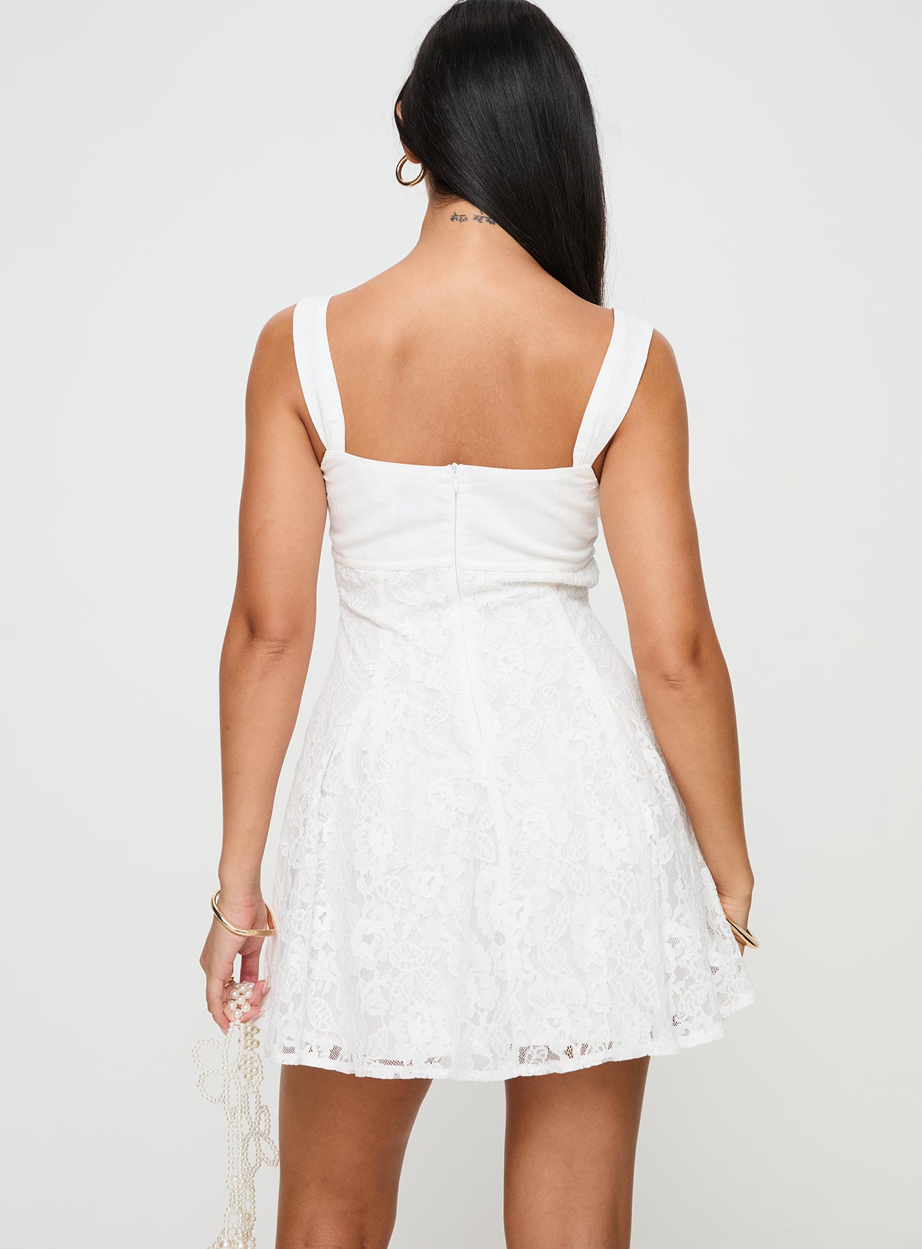 back view of model wearing Princess Polly Tadea Mini Dress White Sweetheart Neckline 