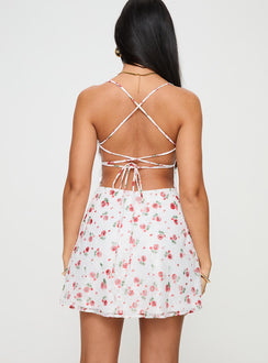 back view of model wearing Princess Polly Celena Lace Mini Dress White / Red Floral Sweetheart Neckline 