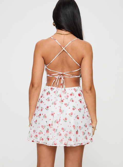 back view of model wearing Princess Polly Celena Lace Mini Dress White / Red Floral Sweetheart Neckline 