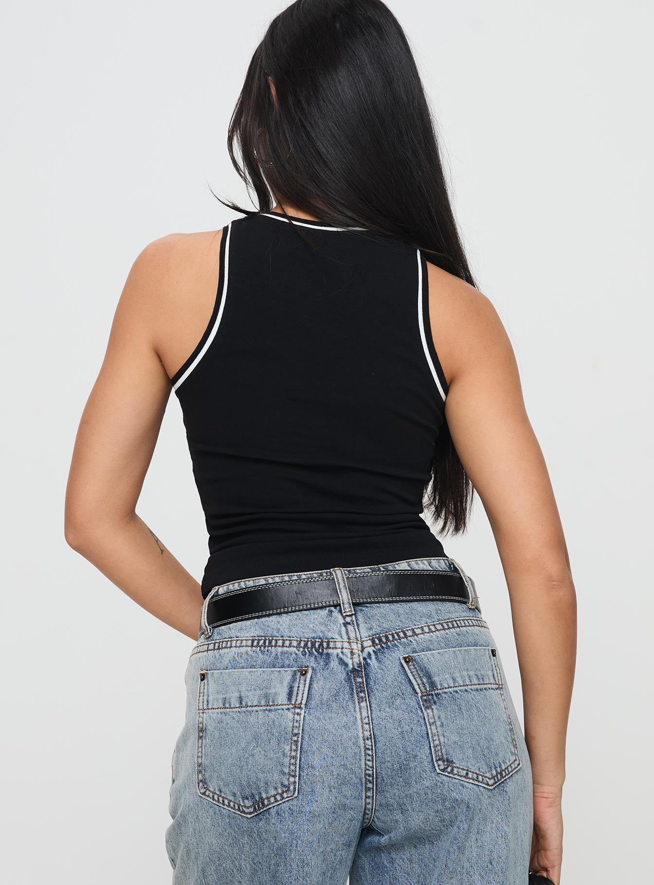 back view of model wearing Princess Polly Dazzling Tank Top Black Sleeveless Crew Neck 