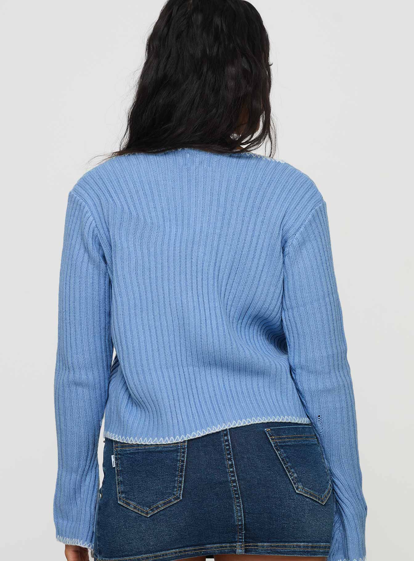 back view of model wearing Princess Polly Jaimee Tie Up Knit Top Blue Cropped 