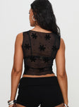 back view of model wearing Princess Polly Avelaine Mesh Top Black Sleeveless Boat Neck 