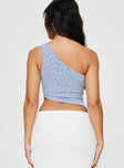 back view of model wearing Princess Polly Toomba One Shoulder Top Blue Sleeveless Asymmetric Neckline 