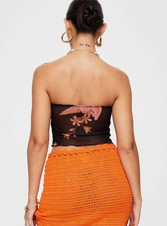 back view of model wearing Princess Polly Mani Top Black Floral Sleeveless Sweetheart 