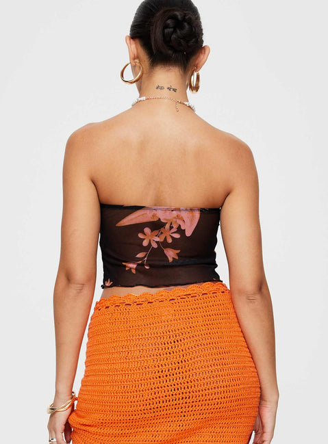 back view of model wearing Princess Polly Mani Top Black Floral Sleeveless Sweetheart 