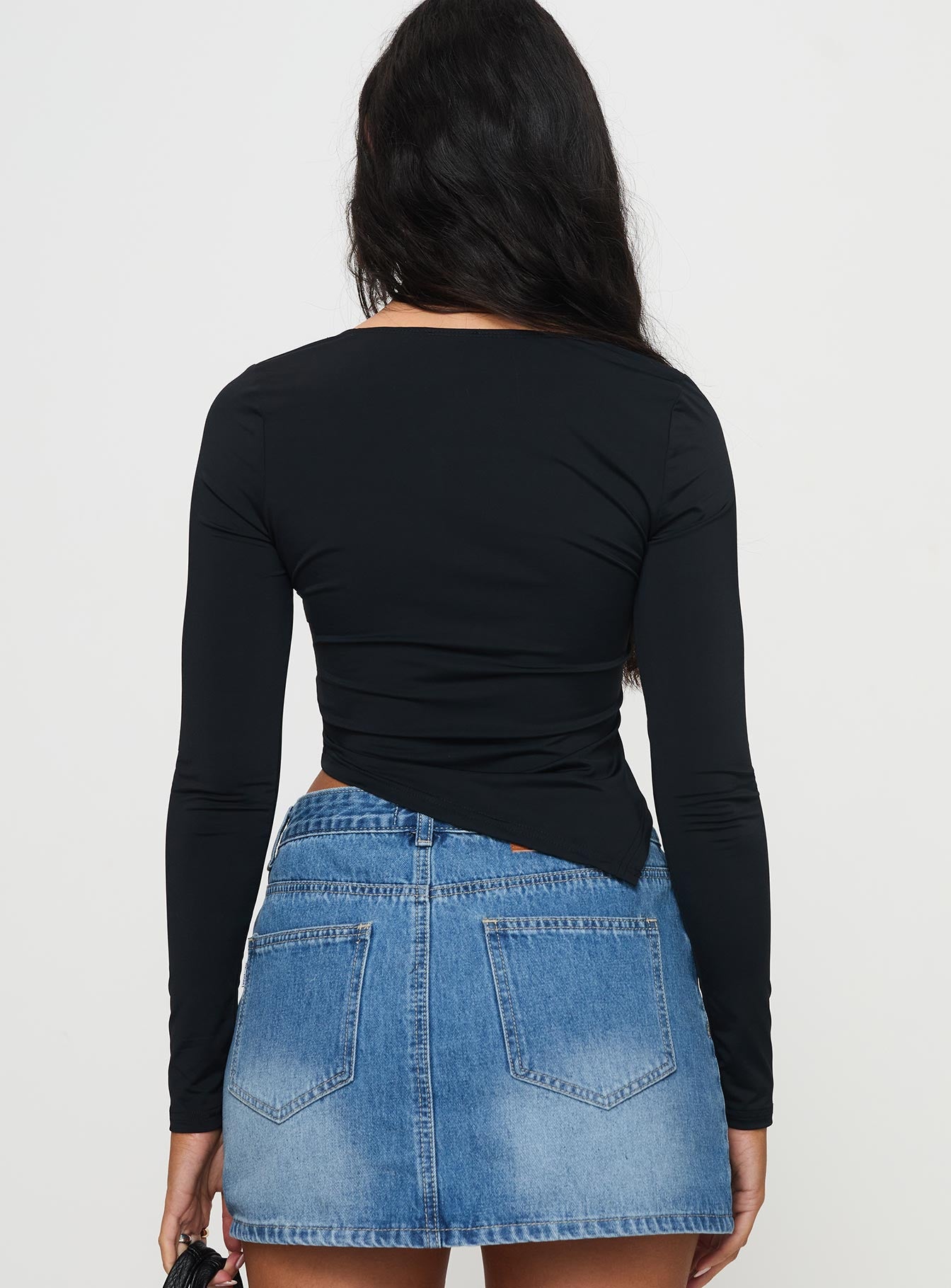 back view of model wearing Princess Polly Inca Long Sleeve Top Black Full Sleeves Square Neck 