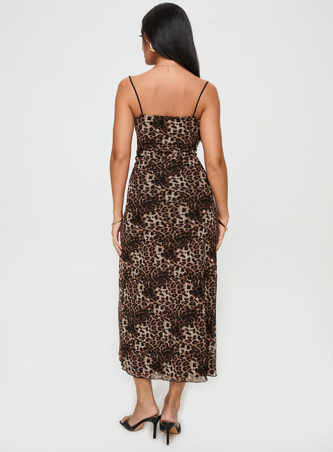 back view of model wearing Princess Polly Sugar Maxi Dress Leopard Cowl Neck 