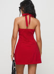 back view of model wearing Princess Polly Mallorie Halter Mini Dress Red Petite Scoop Neck 