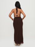 back view of model wearing Princess Polly Alejandria Cowl Neck Maxi Dress Chocolate Cowl Neck 