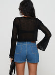 back view of model wearing Princess Polly Saldana Shorts Mid Blue Denim High Waisted Shorts 