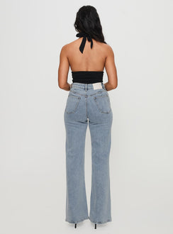 back view of model wearing Princess Polly Thearlie High Flare Jean Light Wash High Waisted 