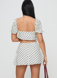 back view of model wearing Princess Polly Adios Linen Blend Skort Cream/Black High Waisted Shorts 