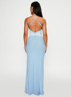 back view of model wearing Princess Polly Wild Joy Halter Maxi Dress Blue Polka Asymmetric Neckline 