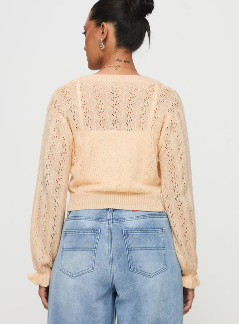 back view of model wearing Princess Polly Lyric Cropped Cardigan Beige Cropped 