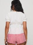 back view of model wearing Princess Polly Elizabette Puff Sleeve Top White Short Sleeves Scoop Neck 