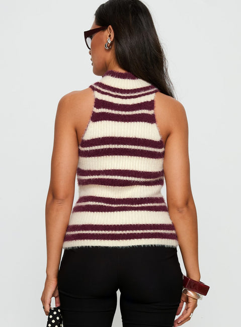 Heide High Neck Fluffy Top Burgundy Stripe