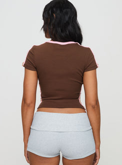 back view of model wearing Princess Polly Baseline Rib Tee Brown / Pink Short Sleeves Crew Neck 