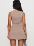 back view of model wearing Princess Polly Karreey Mini Dress Mocha Crew Neck 