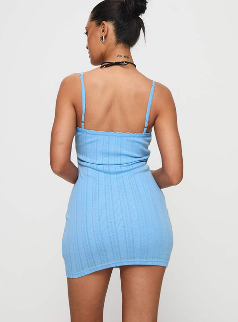 back view of model wearing Princess Polly Susurrus Mini Dress Blue V-Neck 