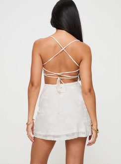 back view of model wearing Princess Polly Celena Mini Dress Burn Out White Cowl Neck 