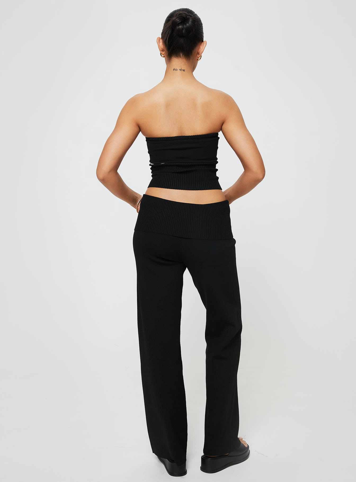 Matching set, ribbed knit material Strapless top, tie detail Low-rise pants, straight leg