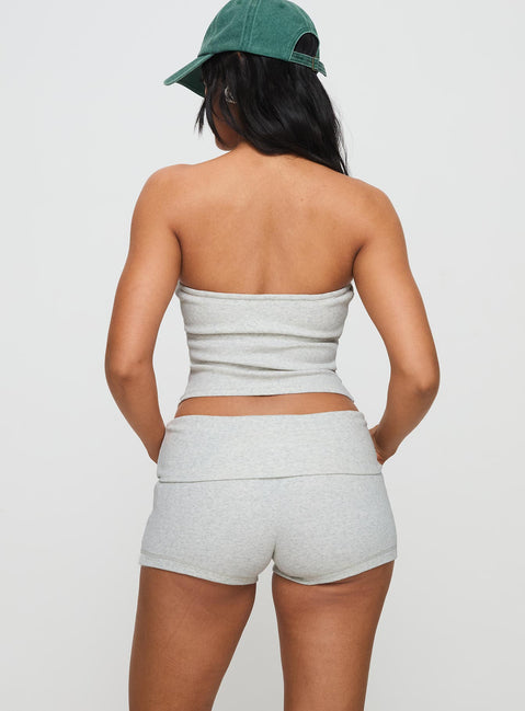 back view of model wearing Princess Polly Baseline Low Rise Rib Shorts Grey Marle Low Rise Shorts 