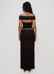 back view of model wearing Princess Polly Donabella Mesh Maxi Skirt Black / Red Maxi 