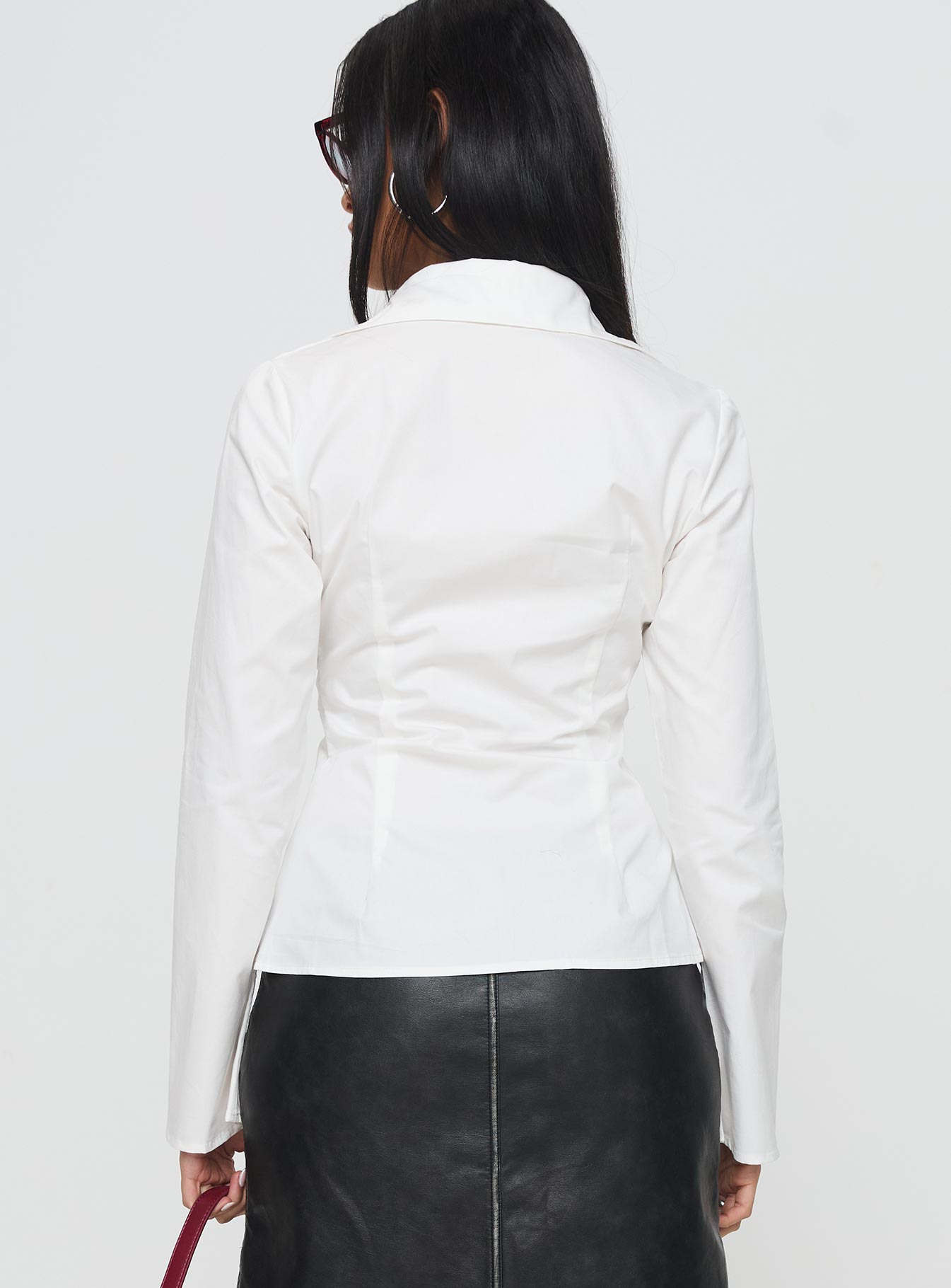 back view of model wearing Princess Polly Fleiry Long Sleeve Top White Full Sleeves V-Neck 