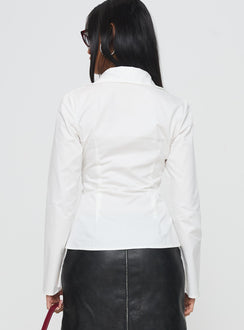back view of model wearing Princess Polly Fleiry Long Sleeve Top White Full Sleeves V-Neck 