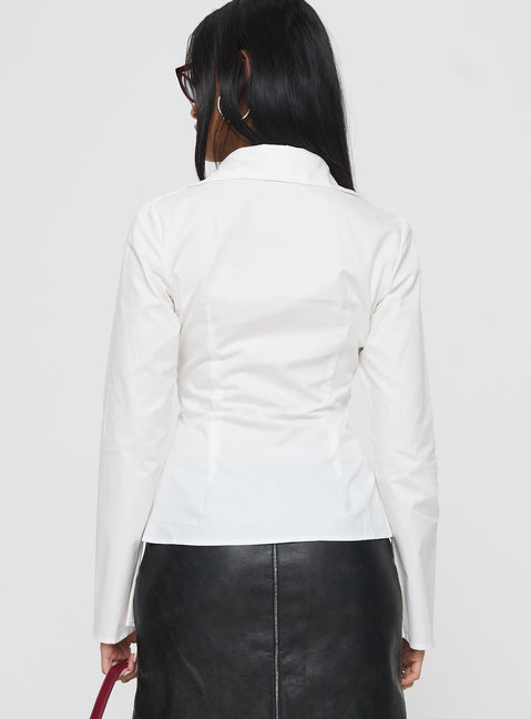 back view of model wearing Princess Polly Fleiry Long Sleeve Top White Full Sleeves V-Neck 