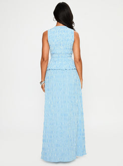 back view of model wearing Princess Polly Songbird Shirred Maxi Dress Blue Crew Neck 