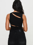 back view of model wearing Princess Polly Ablaze Cut Out Top Black Sleeveless High Neck 