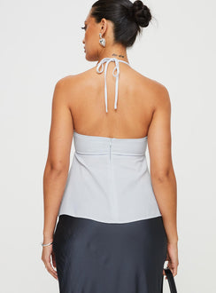 back view of model wearing Princess Polly Orwell Top Blue Sleeveless Plunger 