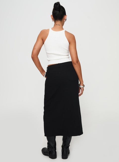 back view of model wearing Princess Polly Sumac Midi Skirt Black Midi Skirts 
