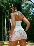 back view of model wearing Princess Polly Isabetta Halter Top Aqua Sleeveless Sweetheart 