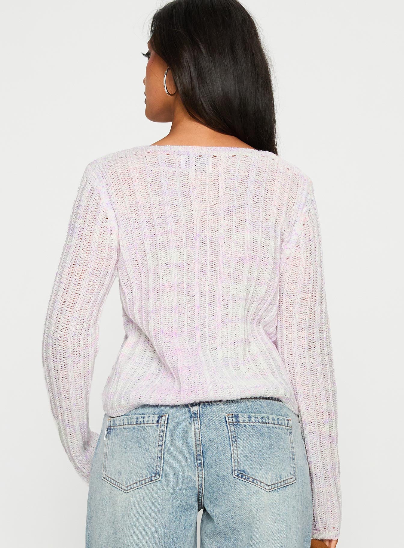 back view of model wearing Princess Polly Lenker Knit Jumper Lilac Cropped 