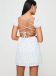 back view of model wearing Princess Polly Powells Mini Dress White / Blue Floral Square Neck 