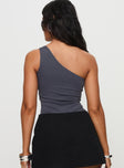 back view of model wearing Princess Polly Talija One Shoulder Bodysuit Slate Sleeveless Asymmetric Neckline 